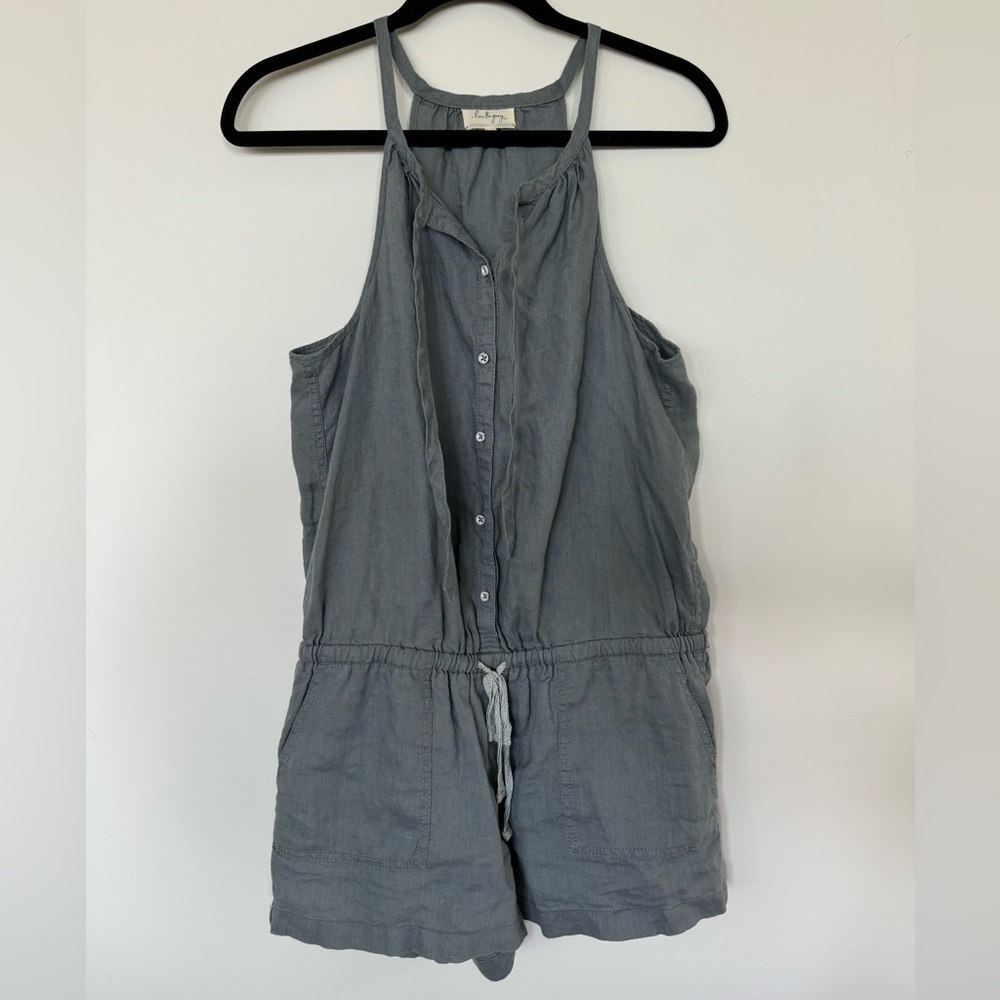 Lou & Grey Dusty Blue Gray Romper Tie Neck Button Up 100% linen Drawstring Sz S